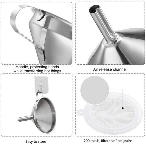 5-Inch Premium Stainless Steel Funnel with 200 Mesh Food Strainer for Kitchen Bottles