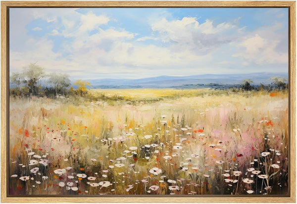Retro Landscape Wall Art, Wildflower Field Painting Vintage Scenery Posters, Colorful Wildflower Pictures Canvas Prints
