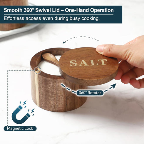 Countertop Timtopno Salt Cellar, Acacia Wood Salt Container with Built-in Spoon & Swivel Lid, Engraved SALT Box, Salt