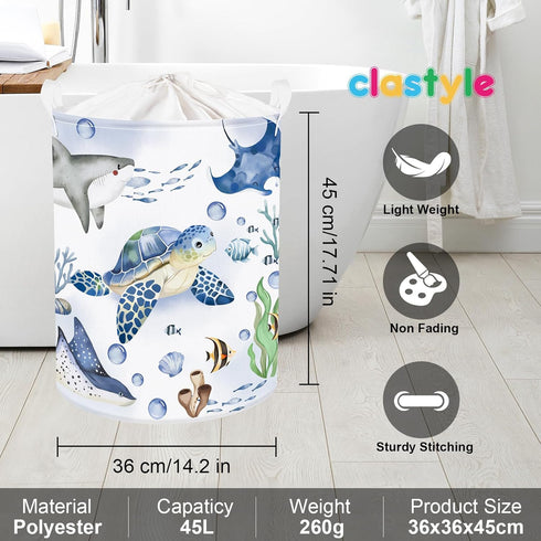 Clastyle 45L Large Blue Sea Animals Turtle Kid Laundry Hamper, Collapsible Whale Shark Storage Basket with Lid