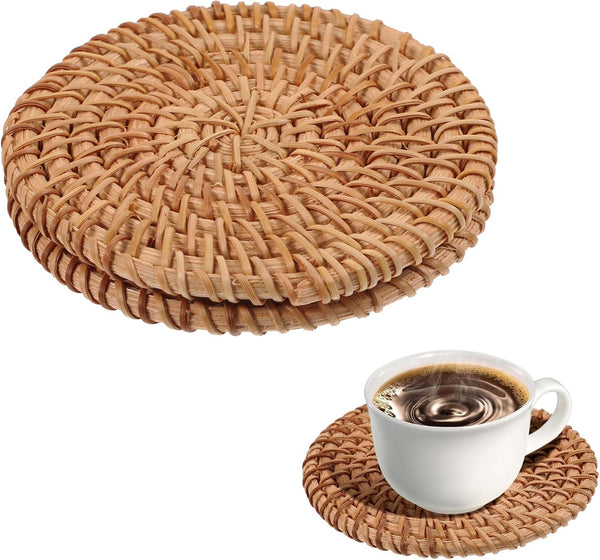 oruola 2pcs Natural Woven Coasters,Rattan Coasters,3.93In Round Wicker Coasters,Boho Coasters Heat-resistant Drink Coasters