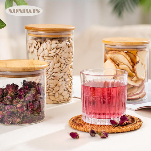 Xoniwis 25oz 6PCS Round Airtight Glass Food Storage Jars, Clear Glass Food Storage Container with Bamboo Lid, Stackable