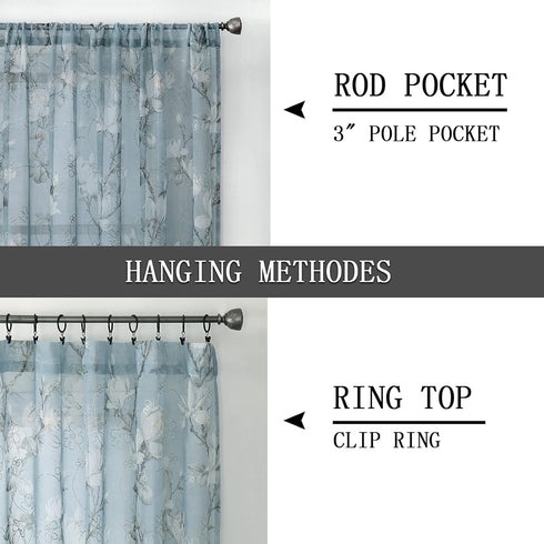 Tollpiz Blue Floral Sheer Curtains, Flower Print Vine Embroidery, 54 x 63 inches, Set of 2 Panels for Bedroom & Living