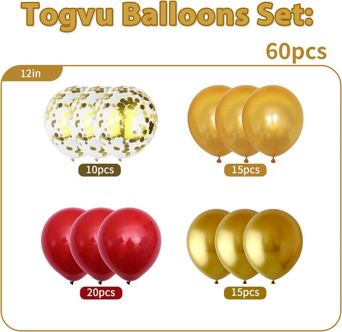 60 Pieces Red and Gold Balloons, 12 Inch Ruby Red Metallic Chrome and Pearl Gold Confetti for Party Decoration