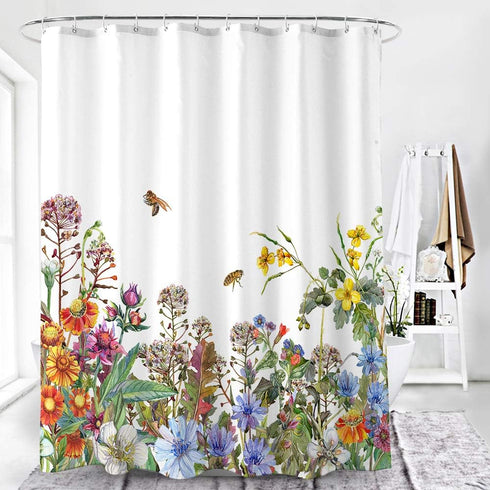 BECAN Flowers Shower Curtain,Beautiful Watercolor Wildflowers Bee Field Plants Garden Herbs Leaves Polyester Fabric Layer Thickening Shower Curtain 72X72Inches by BECAN