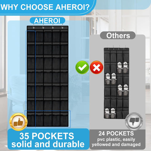 Aheroi 35 Closet 40 lbs, Pockets Large Over the Door Organizer, Breathable Mesh Pockets Hanging Shoe Organizer, Black