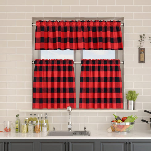 Cafe Curtains 36 Inches Long Buffalo Plaid Kitchen Tiers, 2 Panels for Small Windows, Red & Black