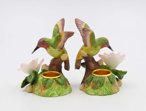 Fine Porcelain Hummingbird Candle Holder Pair with Apple Cherry Blossom Flowers, 3-5/8" H