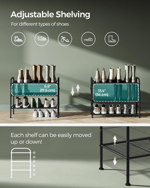 3-Tier 4 12 Closet, ULMR068B01 SONGMICS Shoe Rack, Shoe Organizer, Metal Shoe Shelf Storage with Side Hooks, Holds
