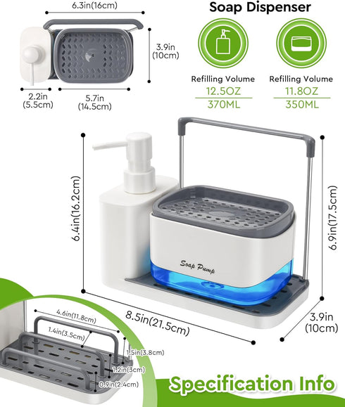 Hand and Dish Soap Dispenser Set with Tray, 5-in-1 Organizer for Kitchen Sink Countertop Storage, Useful Kitchen Gadgets