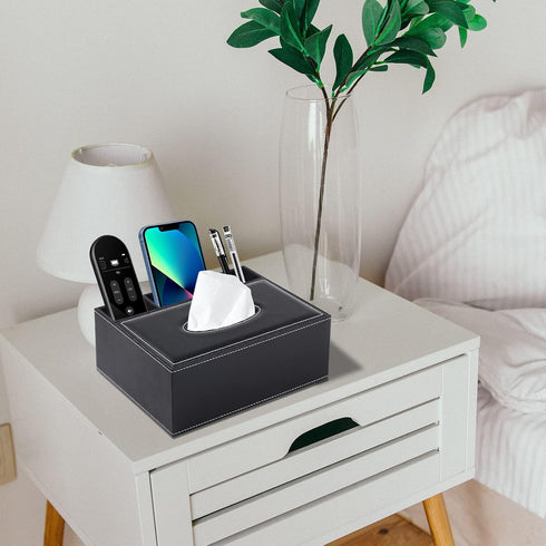 Multifunction PU Leather Tissue Box Cover, Black Rectangular Storage Box for Napkins, Remote Control, Desk Organizer