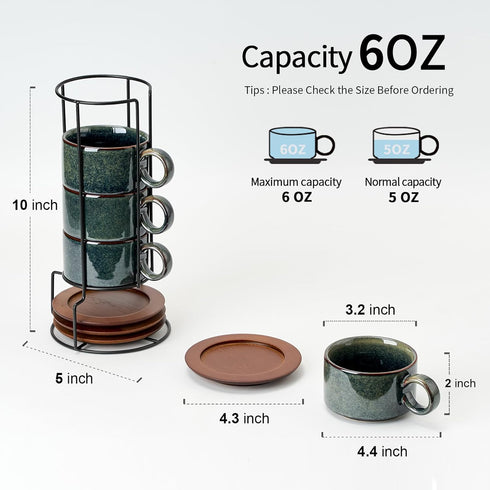 6 Set 4, Set LUKA Ounce Porcelain Stackable Espresso Cups with Saucers and Metal Stand of Ceramic Cappuccino Cups
