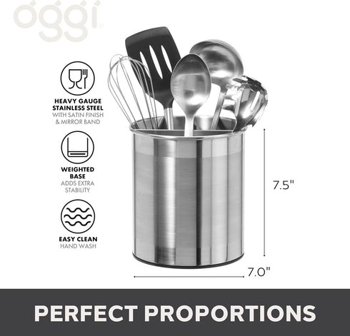 Oggi Jumbo Stainless Steel Rotating Utensil Holder with Removable Divider, Stylish Kitchen Organizer, Height 7.5"