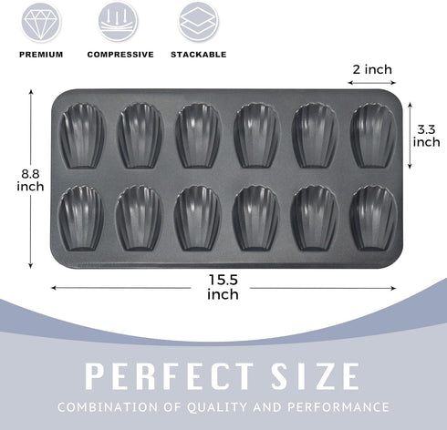 HONGBAKE Nonstick Madeleine Pan, 2 Pack 12-Cavity Heavy Duty Shell Shape Cake Pan for Oven Baking, Space Grey