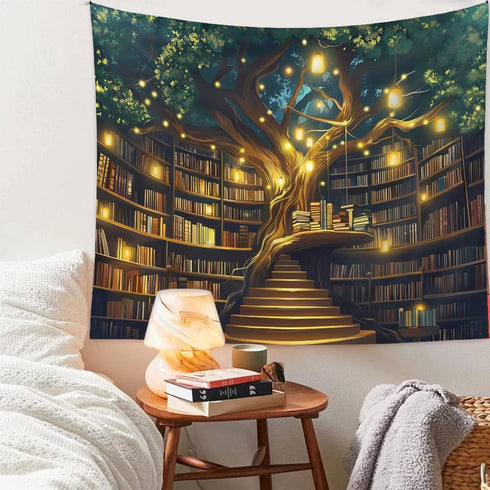36"x48" Jhdstore Tree of life Tapestry Wall Hanging Fantasy Library Tapestry for Bedroom Mysterious Tree Bookshelf