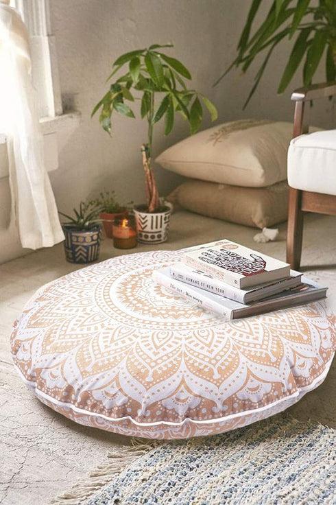 Indian Mandala Cotton Handmade Gold Ombre Round Floor Pillow Ethnic Cushion Case for Yoga Mat 32 x 32 Inch