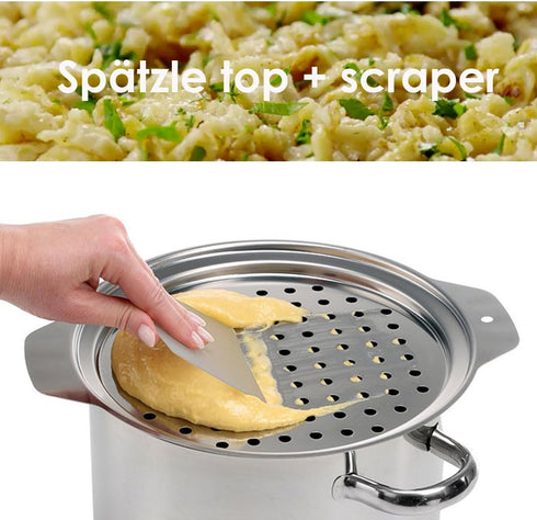 Stainless Steel Spaetzle Maker Pan with Lid & Scraper, Traditional German Egg Noodle Strainer