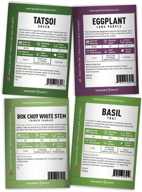 8 Packets Gardeners Basics, Asian Vegetable Seeds for Planting Bok Choy, Michihili (Napa) Chinese Cabbage, Tatsoi