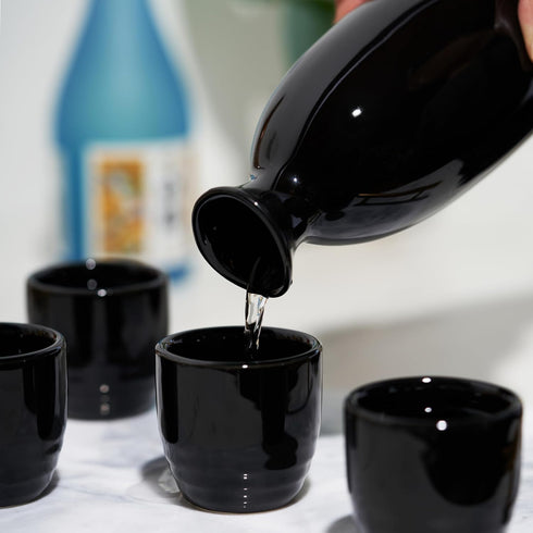 True Moga Sake Set, Japanese Style Pitcher and Tumbler Set for Sake, Four 3.5 oz Cups and One 8 oz Carafe, Fire Glazed