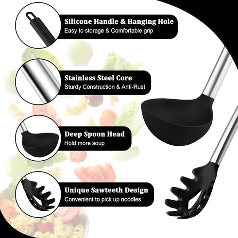 TeamFar Silicone Pasta Fork and Ladle Spoon Set, 2 Pcs Large Nonstick Kitchen Utensils with Stainless Steel Handle for