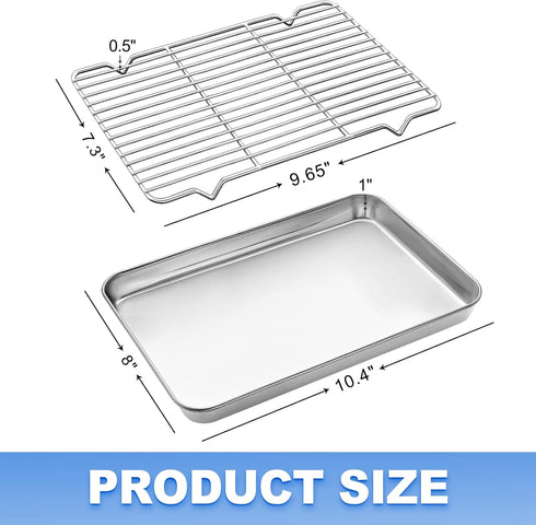 Baking Sheet with Cooling Rack, 1 Cookie Sheet + 1 Baking Rack, Stainless Steel Small Baking Sheet Pan, 10.4 x 8 x 1
