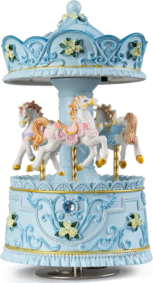 Elegant Blue Carousel Music Box,Handcrafted Rotating Horses & Floral Details Musical Figurine