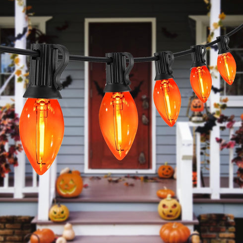 C7 25FT 25 Bulbs, Orange Halloween Lights Outdoor, LED String Lights with Waterproof Fall Thanksgiving Decor for Patio