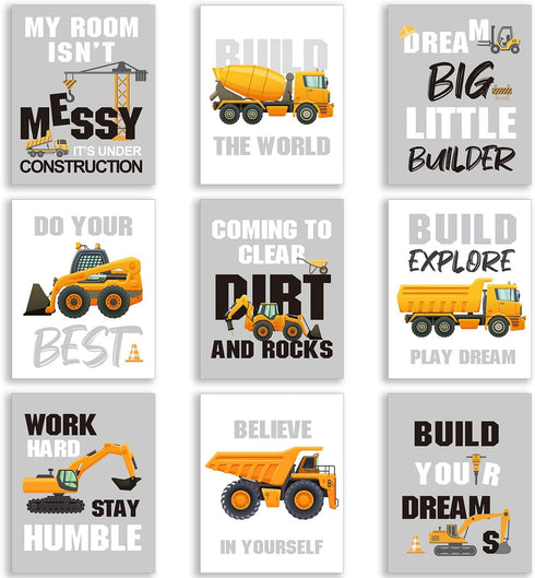 Outus Set of 9 Construction Room Decor Trucks Inspirational Quote Art Print Transport