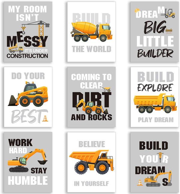 Outus Set of 9 Construction Room Decor Trucks Inspirational Quote Art Print Transport