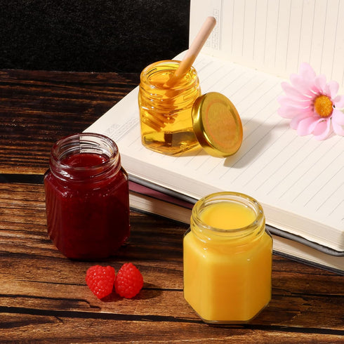 48 Pack 3 oz SZUAH Mini Honey Jars with Dipper, Glass Hexagon Honey Jar for Wedding Favors, Empty Glass Jars for Party