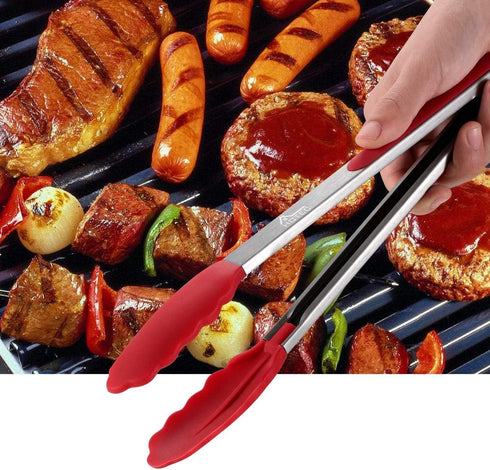 Hotec Premium Stainless Steel Locking Kitchen Tongs with Silicone Tips, Set of 3 - 7", 9", and 12"