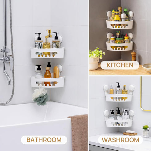 2 Pack LEVERLOC Corner Shower Caddy Suction Cup, shower shelves suction cup, Basket Powerful Bathroom, Waterproof