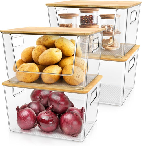 Stackable Storage Bin Sets for Pantry, Front Open & Enclosed, Clear Plastic Baskets with Lid & Handle (2+2)