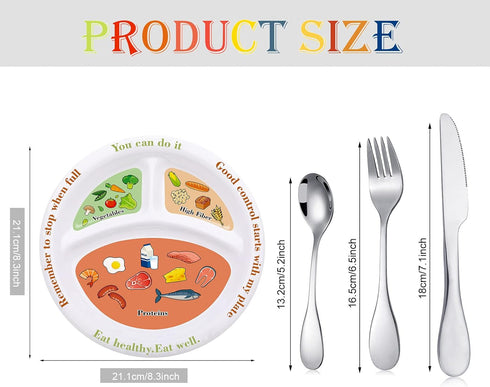 4 Pieces Bariatric Portion Control Plate Stainless Steel Silverware Flatware Set Tableware Cutlery Set Melamine Bariatric Plate Diet Plate for Balanced Eating Weight Loss Serving Decorations by Eaasty