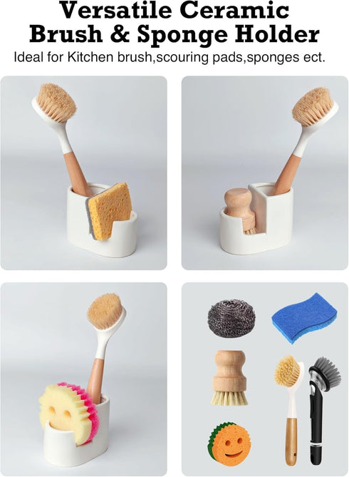 2-in-1 Countertop Countertops Ceramic Sponge Holder for Kitchen Sink, Sponge & Brush Organizer, Compact Sink Caddy