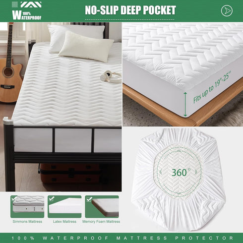 UNILIBRA Twin XL Waterproof Mattress Pad, Quilted Bamboo Protector, Breathable, 6''-19'' Deep Pocket, White