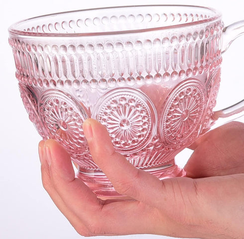 Handle-14 oz (4) Vintage Glass Coffee Mugs with Pink Embossed Glass Cups for Cappccino, Latte, Cereal, Yogurt, Tea