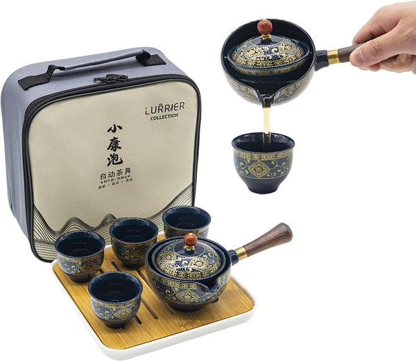 LURRIER Porcelain Chinese Gongfu Tea Set,Portable Teapot Set with 360 Rotation Tea