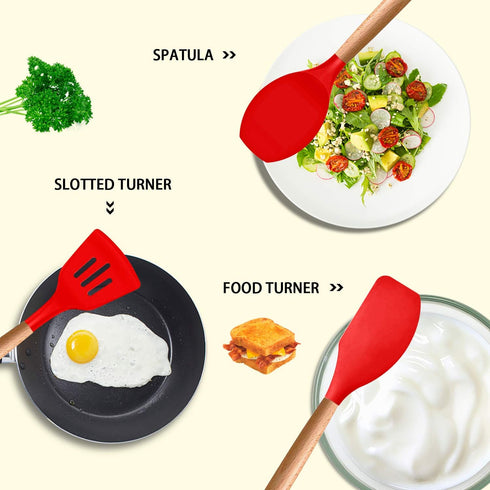 MIBOTE 17 Pcs Silicone Cooking Utensils Set - 446°F Heat Resistant Kitchen Gadgets with Holder, Red