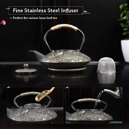 Set 4 Set, 26 oz Ufine Koi Fish Cast Iron Teapot Stove Top Tea Kettle with Cups Japanese Style Tetsubin Tea Gift