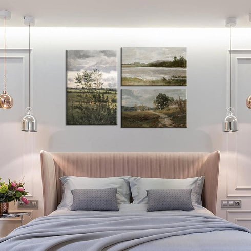 Field Landscape 3 Pieces Split Print Wall Art, Vintage Country Landscape Painting, Nature Abstract Art Mural