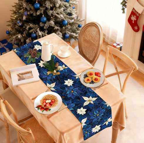 Poinsettia 13x108 Inch Winter Navy Blue Table Runner Christmas Floral Burlap Table Runners, Xmas Holiday Seasonal
