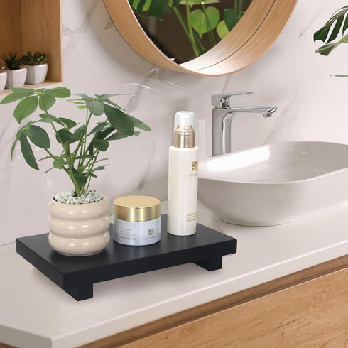 Black Bathroom Counter Tray Decor Farmhouse Wood Risers Kitchen Soap Sink Tray for Countertop Decorative Vanity Tray Soap Dispenser Holder Wooden Pedestal Stand Modern Bathroom Organizer Accessories