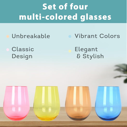 Lily's Home Unbreakable Acrylic Stemless Wine Glasses & Water Tumblers, Shatterproof Plastic, Reusable, Mixed Colors,