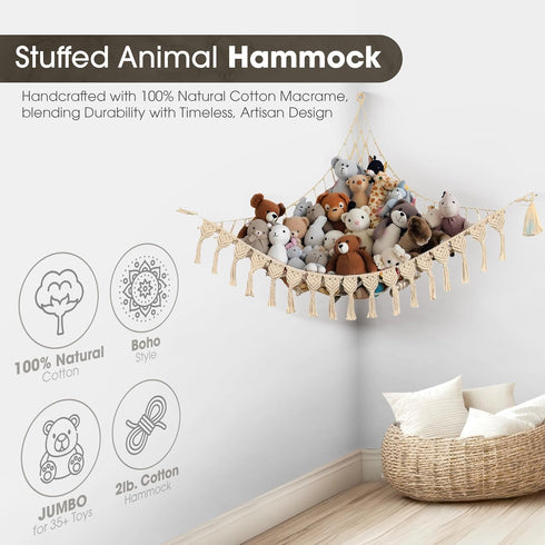 Hammock 100% Abby Baby Extra Large Stuffed Animal with LED Lights Natural Cotton Macrame Toy Storage Net for Plushies