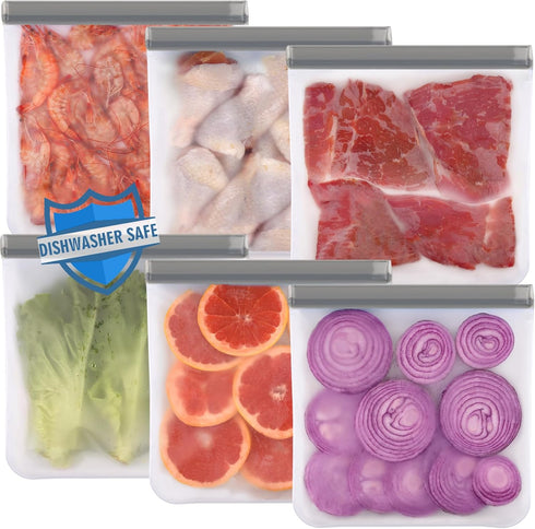 Lerine 6 Pack Reusable Gallon Freezer Bags, Dishwasher Safe, BPA Free, Leakproof Reusable 1 Gallon Bags for Marinate