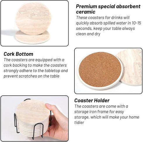 9 Billbotk 4 Inches Pieces Ceramic Coasters for Coffee Table Absorbent, Drink Coasters with Holder, Marble Style