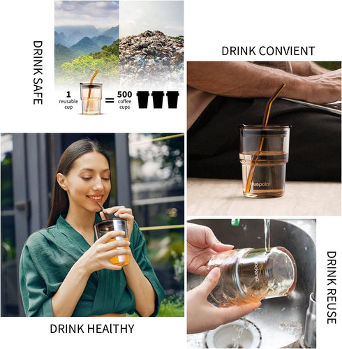 13oz/400ml (Amber-2PACK) BLUEPOLAR Glass Water Tumbler with Straw and Lid Sealed Carry On Thick Wall Iced Coffee Cup
