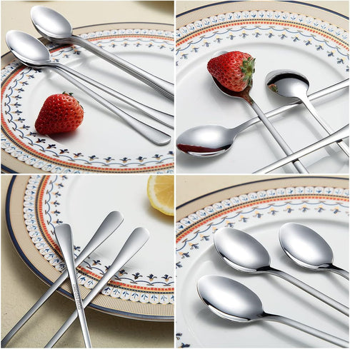 Long Handle Spoon Set of 8, Premium Stainless Steel Coffee Stirrers, Ice Cream, Cocktail, Tea Spoons, Silver