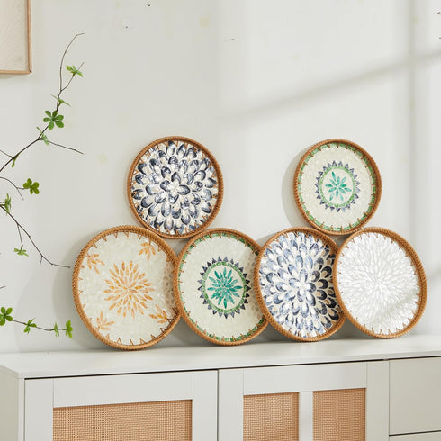 Nonam 100% 13.5" Shellac Rattan Tray with Mother of Pearl Inlay, Round Decorative Serving Tray for Home Dcor Coffee